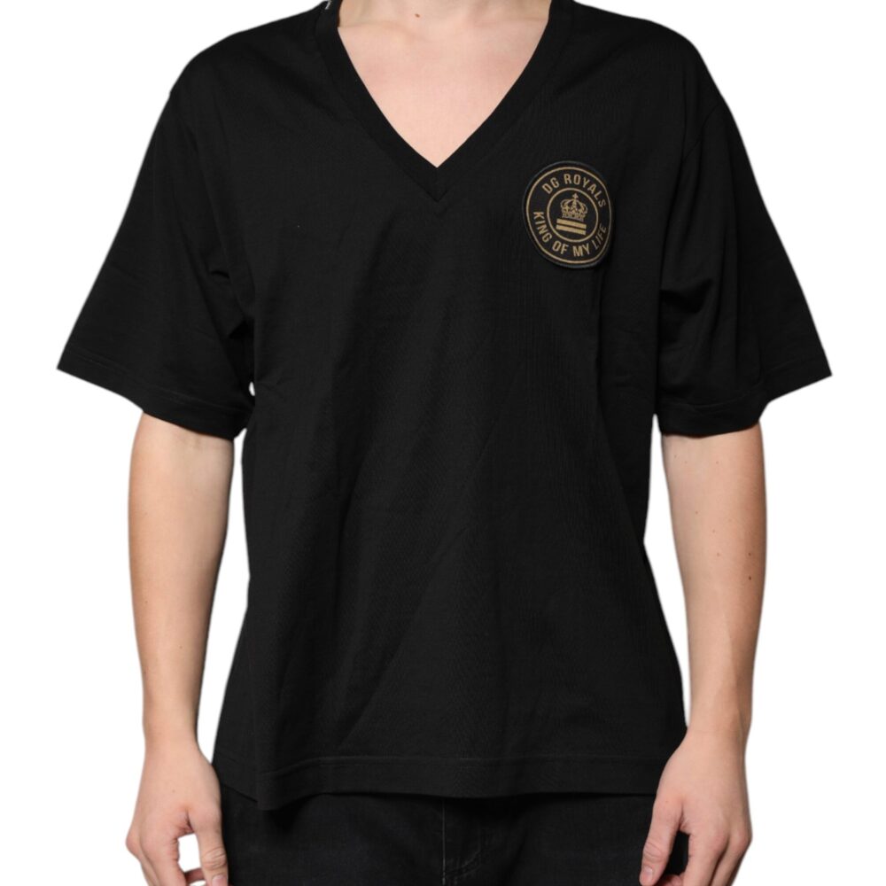 Black Cotton Logo Vneck Short Sleeve T-shirt