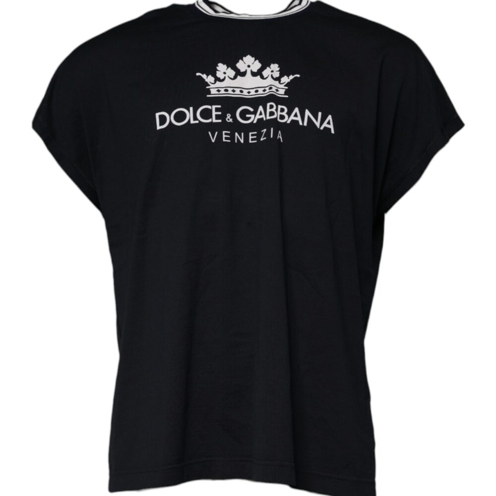 Dark Blue Logo Crown Cotton Crew Neck T-shirt