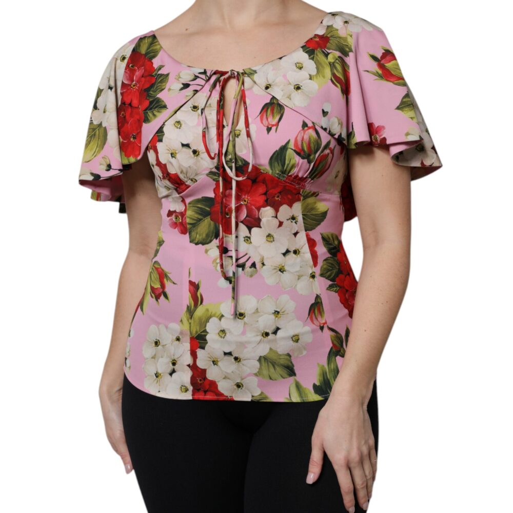 Pink Floral Silk Short Sleeves Blouse Top