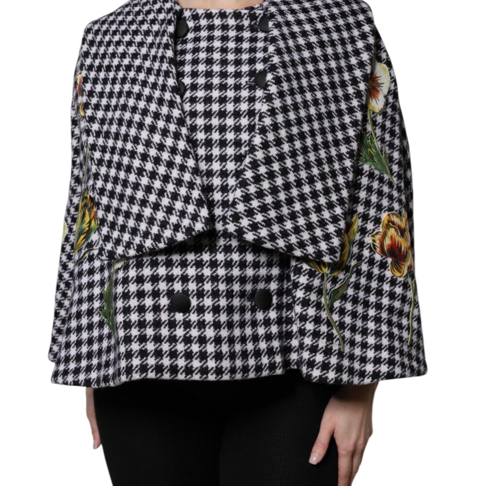 Black White Monochrome Patterned Floral Cape Jacket