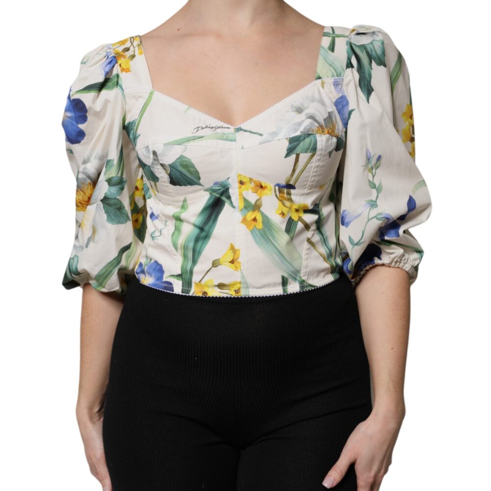 White Floral Puff Sleeves Crop Blouse Top