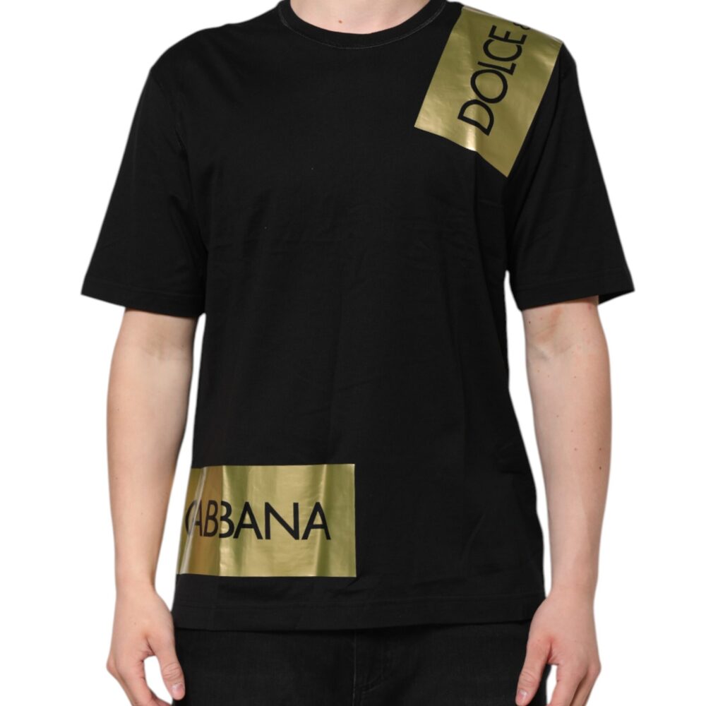 Black Logo Tape Cotton Men Crew Neck T-shirt