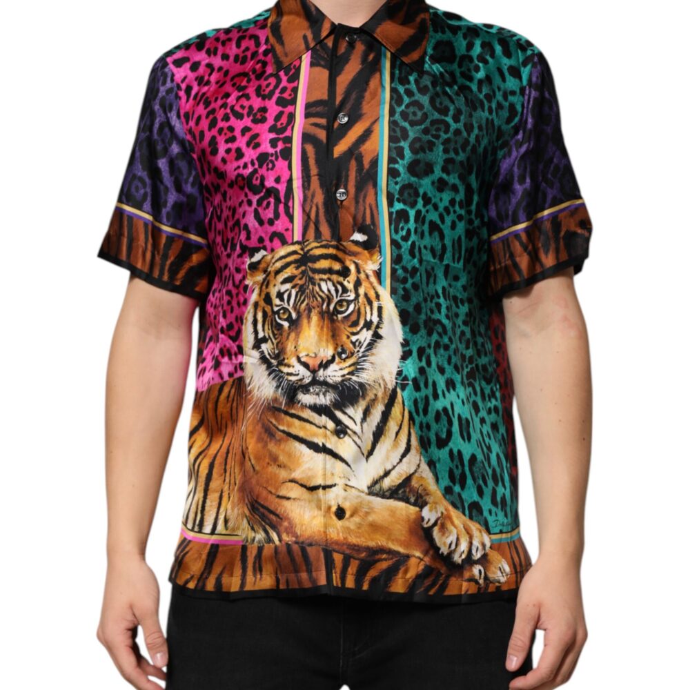 Multicolor Silk Tiger Print Hawaiian T-shirt