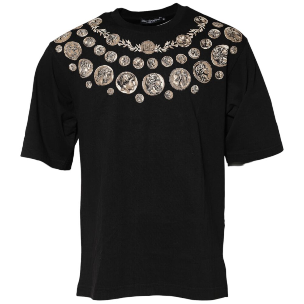 Black Coin Print Cotton Crew Neck T-shirt