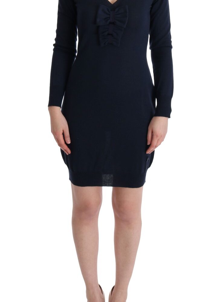 Elegant Over Knee Blue Wool Dress