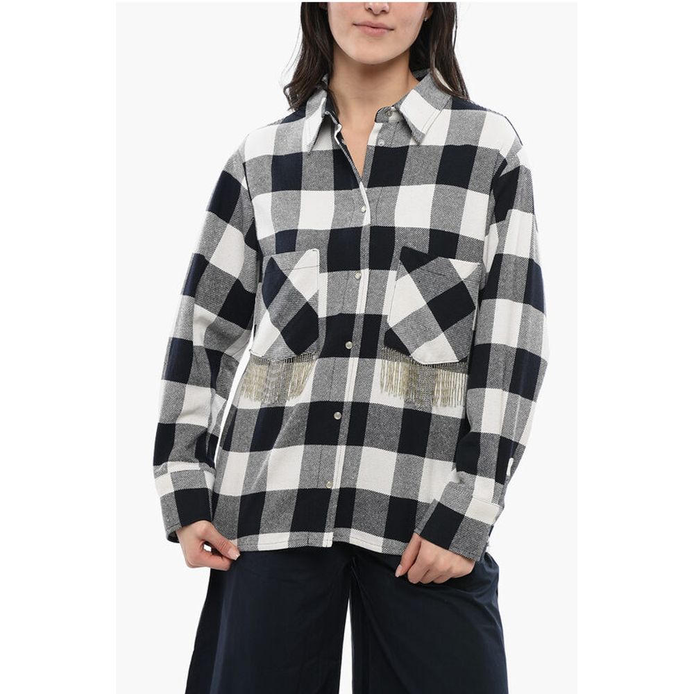 Plaid Check Cotton Blend Shirt with Fringed Details
