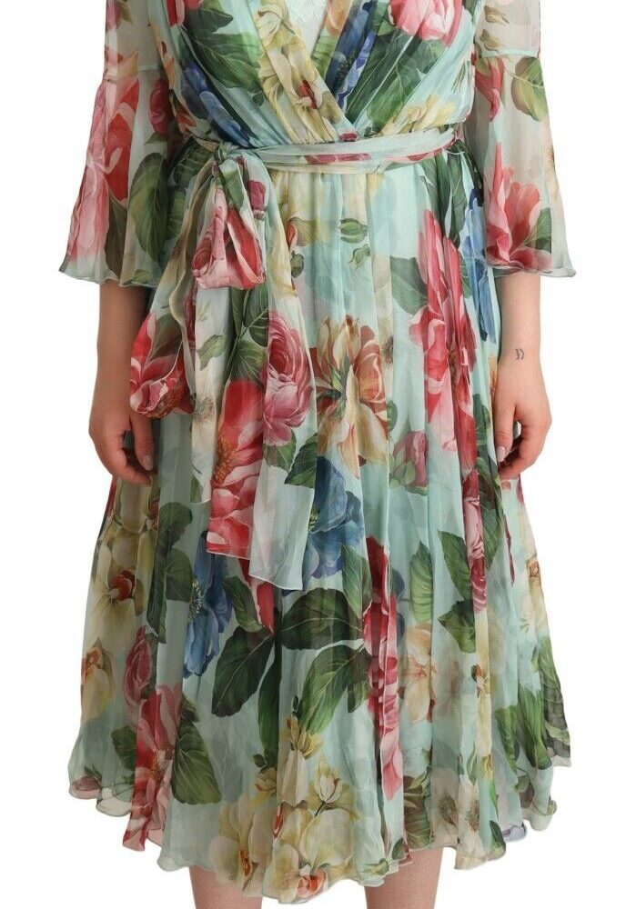 Elegant Floral Green Midi Silk Dress
