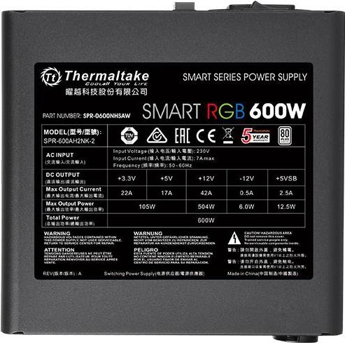 Thermaltake SMART RGB 600W POWER SUPPLY Qualitativ hochwertige Komponenten und ein ansprechendes Design zeichnen dieses Netzteil mit einer Kapazität von 600W (mit 80 PLUS Standard-Zertifizierung) der Smart RGB-Serie aus. (PS-SPR-0600NHSAW-1)