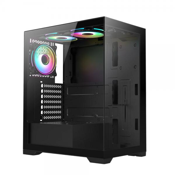 VIDA VETRO-BLK computer case Tower Nero (Vida Vetro Black ARGB Gaming Case w/ Glass Front & Side, ATX, 3x ARGB PWM Fans, 6-Port ARGB Fan Hub & Remote Control)
