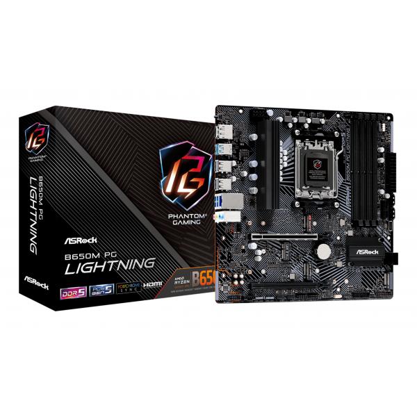 Asrock B650M PG Lightning AMD B650 Socket AM5 micro ATX (ASRock B650M PG Lightning AMD AM5 Socket Motherboard, Micro-ATX, 4x DDR5 Slots, 3x M.2 Sockets, 1x USB-C Port, 2.5GbE LAN, 1x DisplayPort / 1x