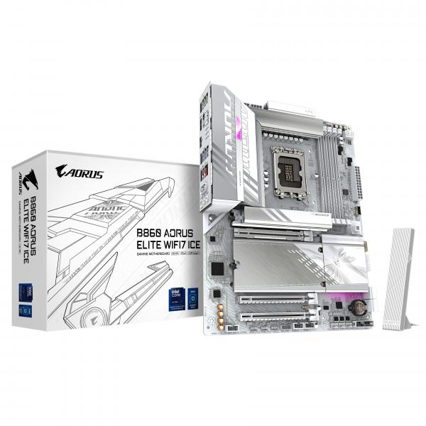 Gigabyte B860 AORUS ELITE WIFI7 ICE Intel 1851 Socket Motherboard, ATX, 4x DDR5 Slots, 3x M.2 Sockets, 2x USB-C Port, Fitted I/O Shield, 2.5GbE LAN, Wi-Fi 7, 1x DisplayPort / 2x HDMI / 1x USB-C [USB4]