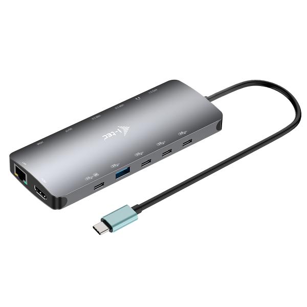 i-tec Metal USB-C Nano 3x Display Dock, 2x HDMI 1x USB-C video + Power Delivery 140W (i-tec USB-C Multiport Adapter / Travel Docking Station, 2x HDMI, 1x USB-C MFDP, 3x USB-C 3.2 Gen. 2 [10 Gbps], 1x USB-A 3.2 Gen. 2 [10 Gbps], 1x USB-A 2.0, USB-C Power Delivery [140W], 1x RJ-45 GLAN Ethernet, 1x SD/mSD card slot, 1x Combo Audio Jack)