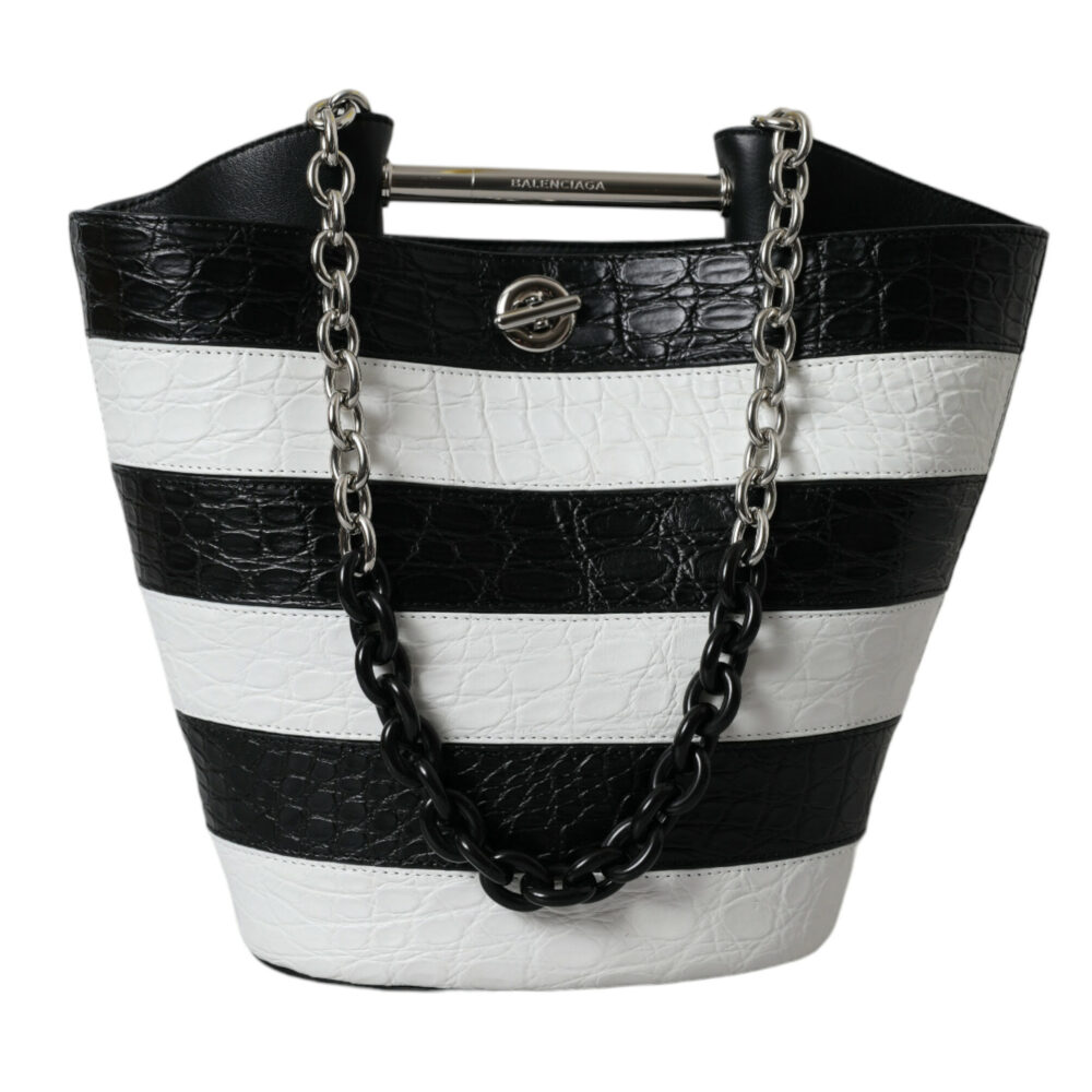 Black White Striped Exotic Skin Leather Maxi Bucket Tote Bag