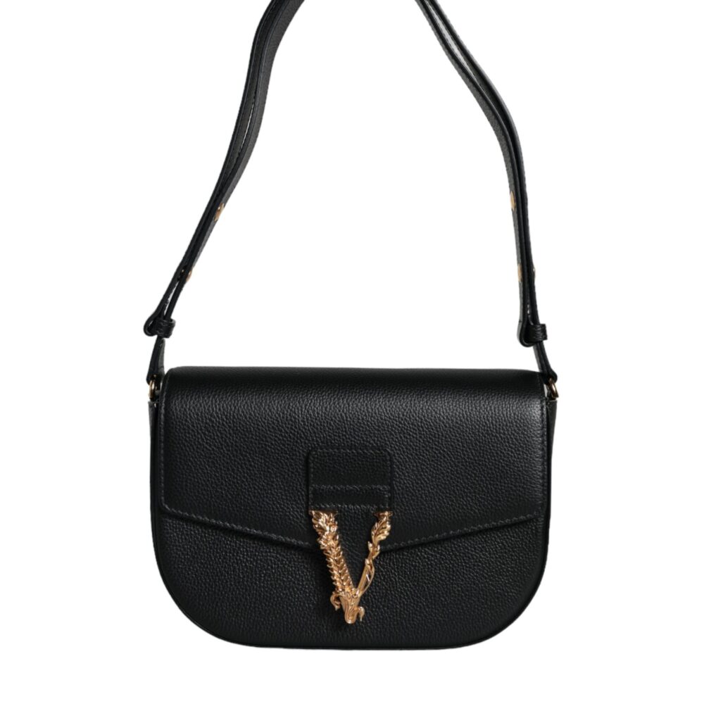 Black Grainy Calf Leather Logo Crossbody Shoulder Bag