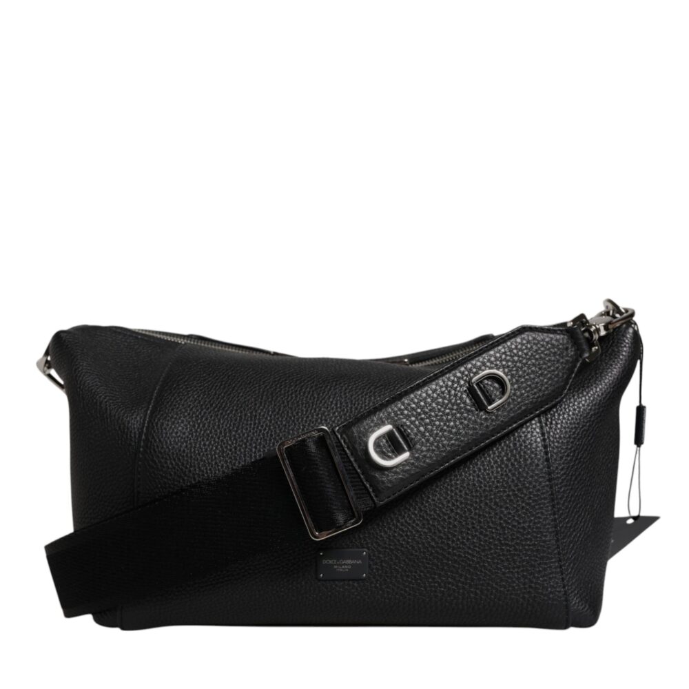 Black Leather Logo Plaque Shoulder Crossbody Bag