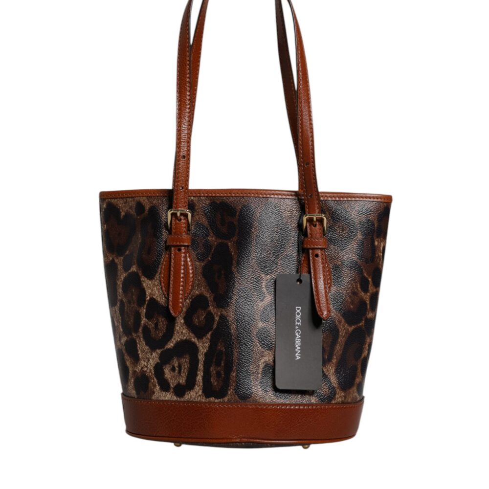 Brown Leopard Leather Shoulder Strap Tote Bag