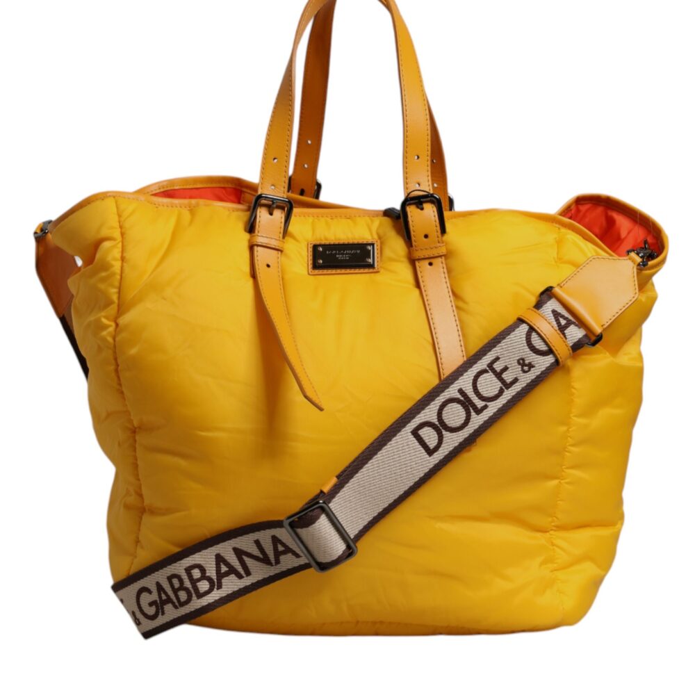 Yellow Orange Nylon Logo Plaque Hand Shoulder Duffle Bag