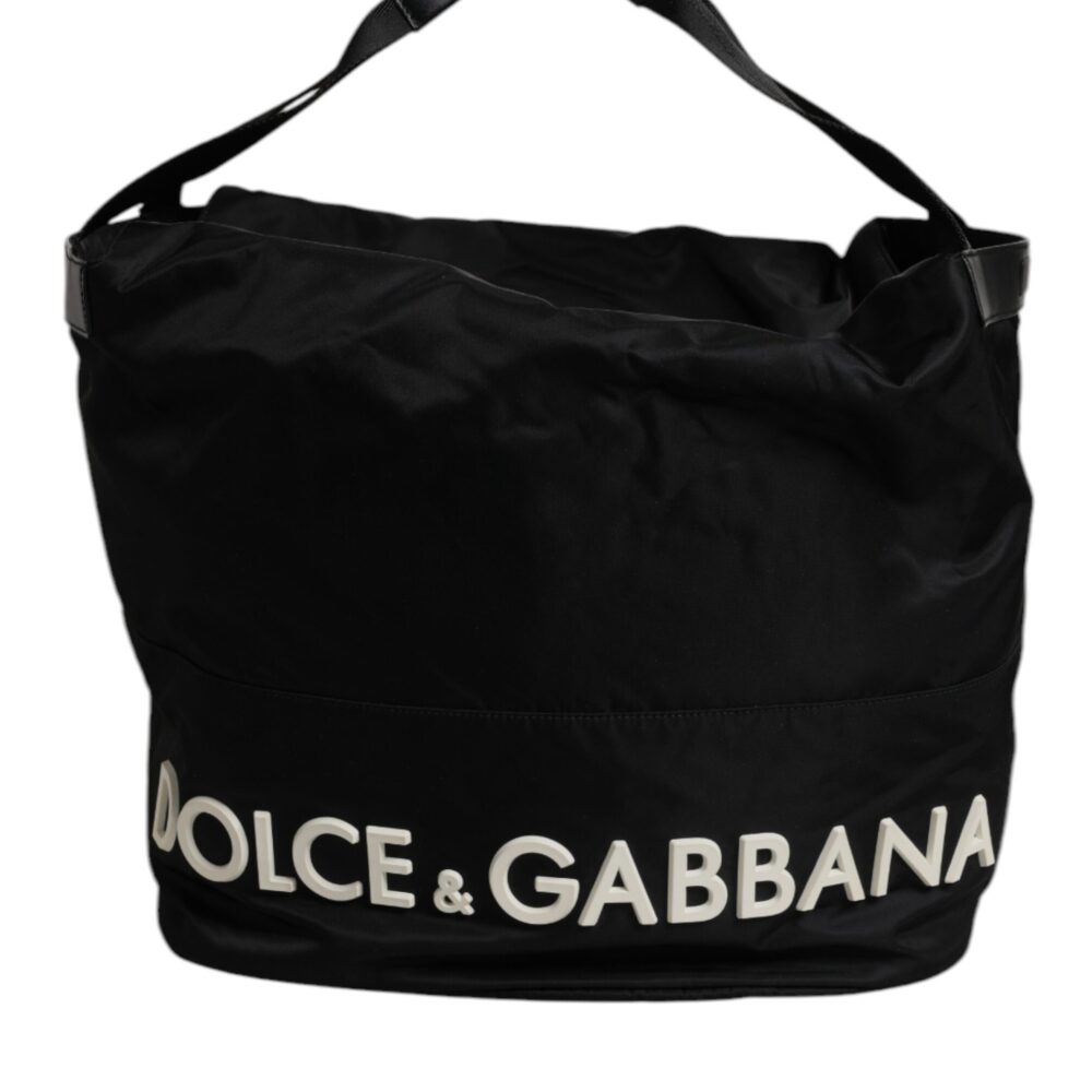 Black Nylon White Iconic Logo Shoulder Bucket Bag