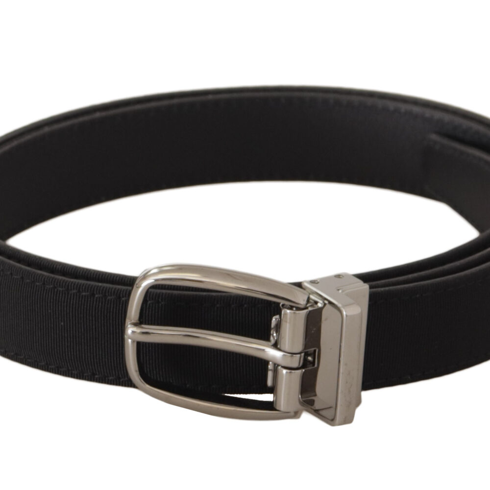 Black Calf Canvas Silver Tone Logo Metal Belt