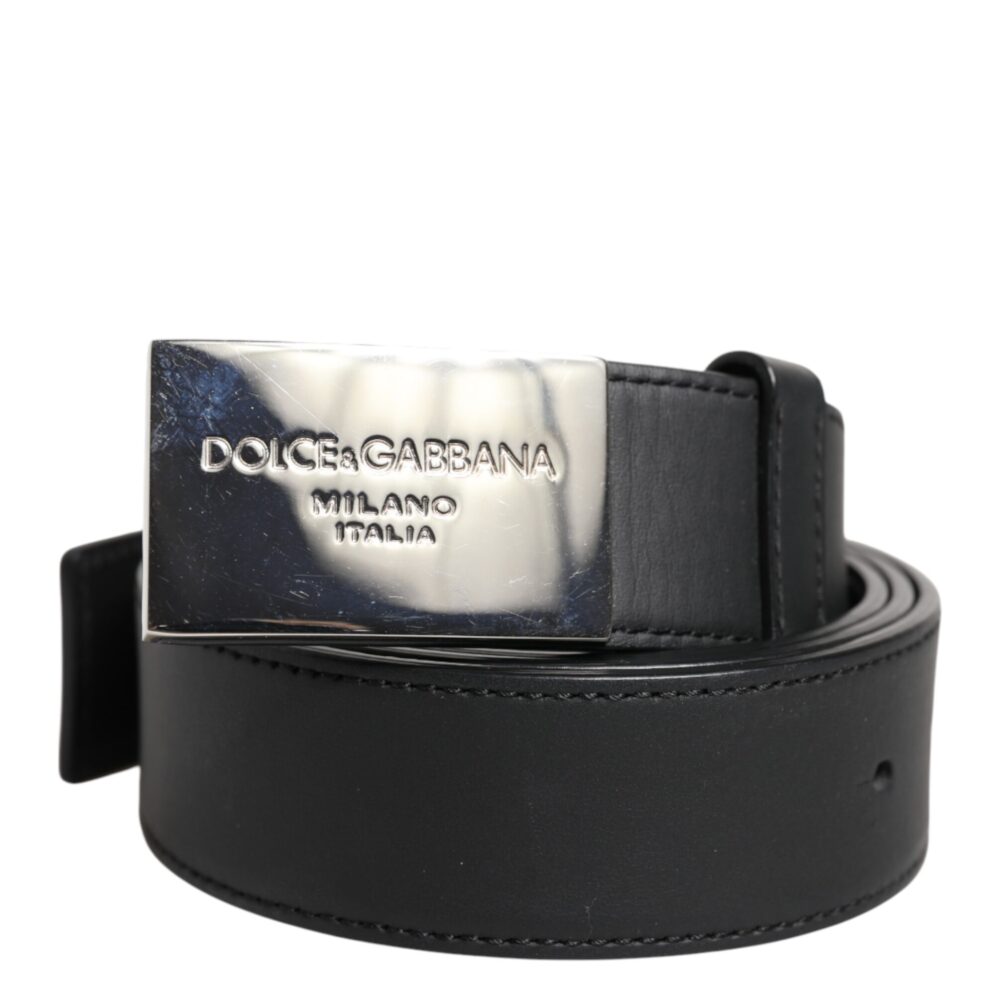 Black Leather Metal Logo Buckle Belt