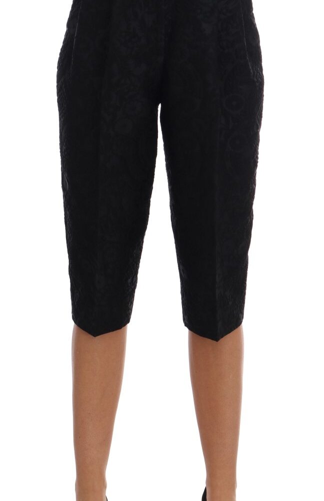 Black Brocade High Waist Capri Shorts