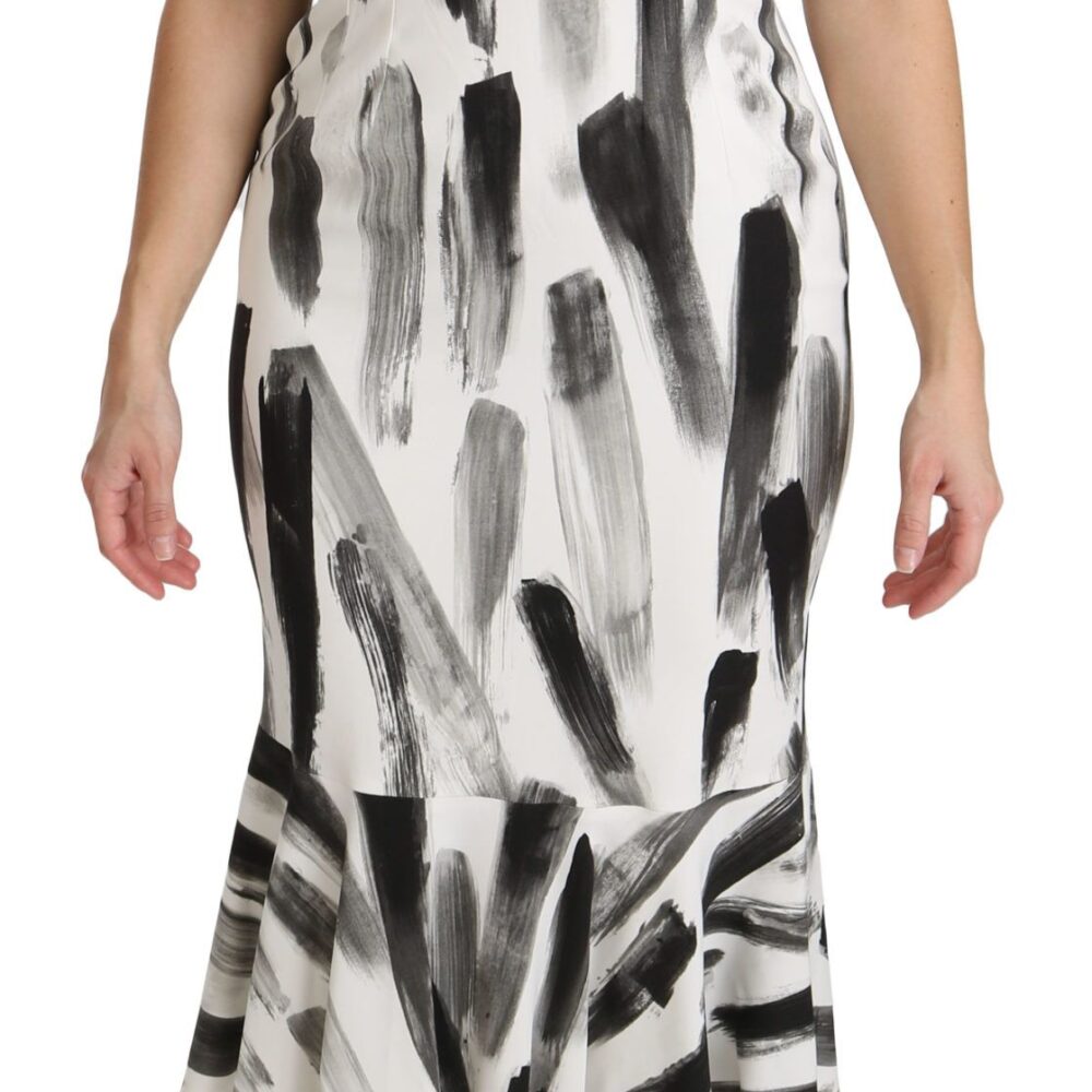 White Black Printed Sheath Midi Viscose Dress