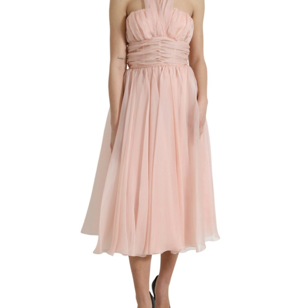 Pink Silk Chiffon Halter A-line Pleated Midi Dress
