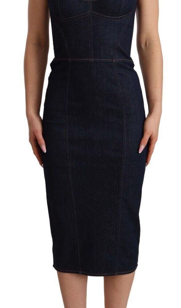 Dark Blue Cotton Denim Sheath Midi Dress