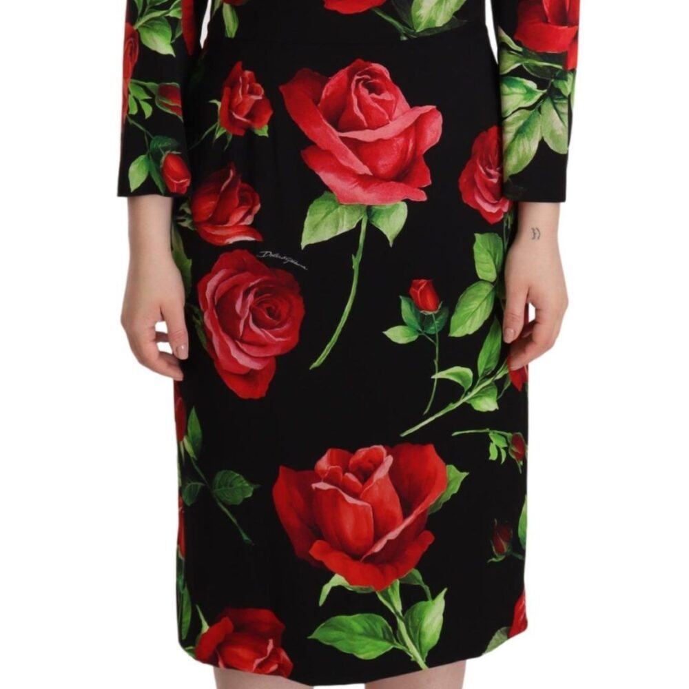 Black Red Roses Sheath Stretch Silk Dress