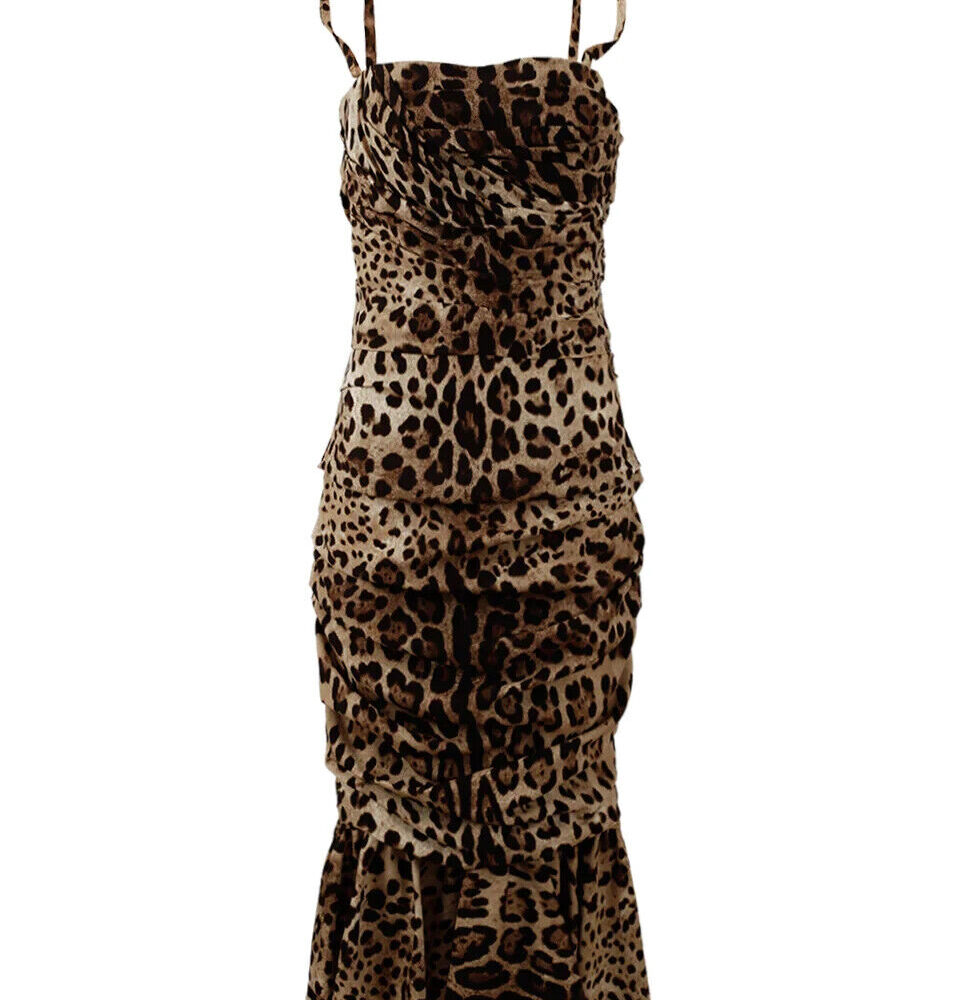 Brown Leopard Print Ruched Midi Dress