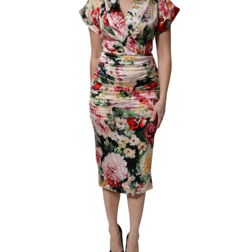 Multicolor Floral Short Sleeves Sheath Midi Dress