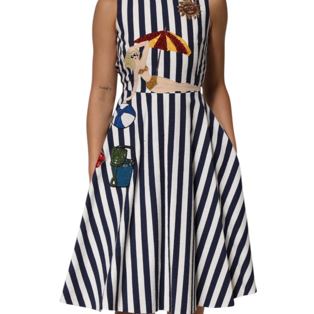 Blue White Striped Embroidered A-line Dress