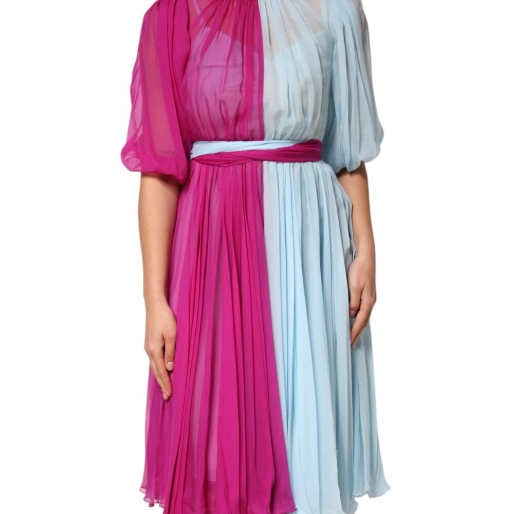 Fuchsia Light Blue Silk Two Tone Midi Dress