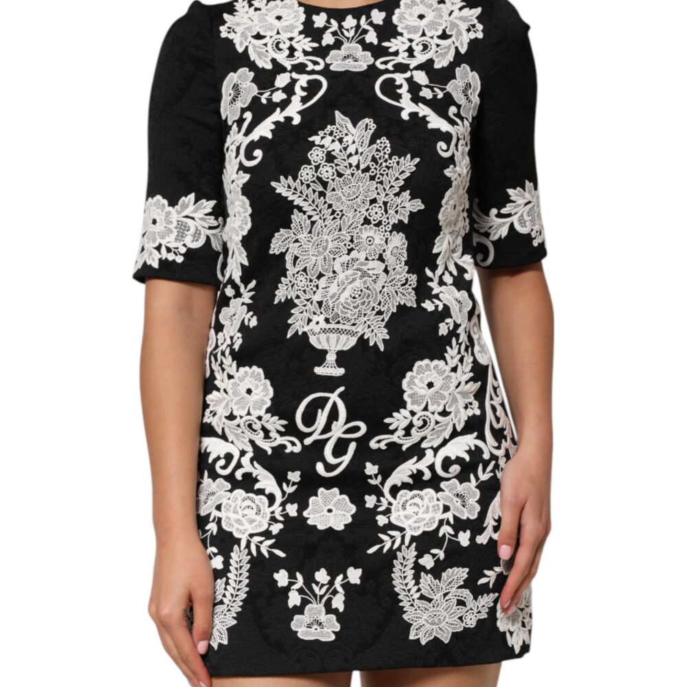Black Lace Trim Short Sleeves A-line Dress