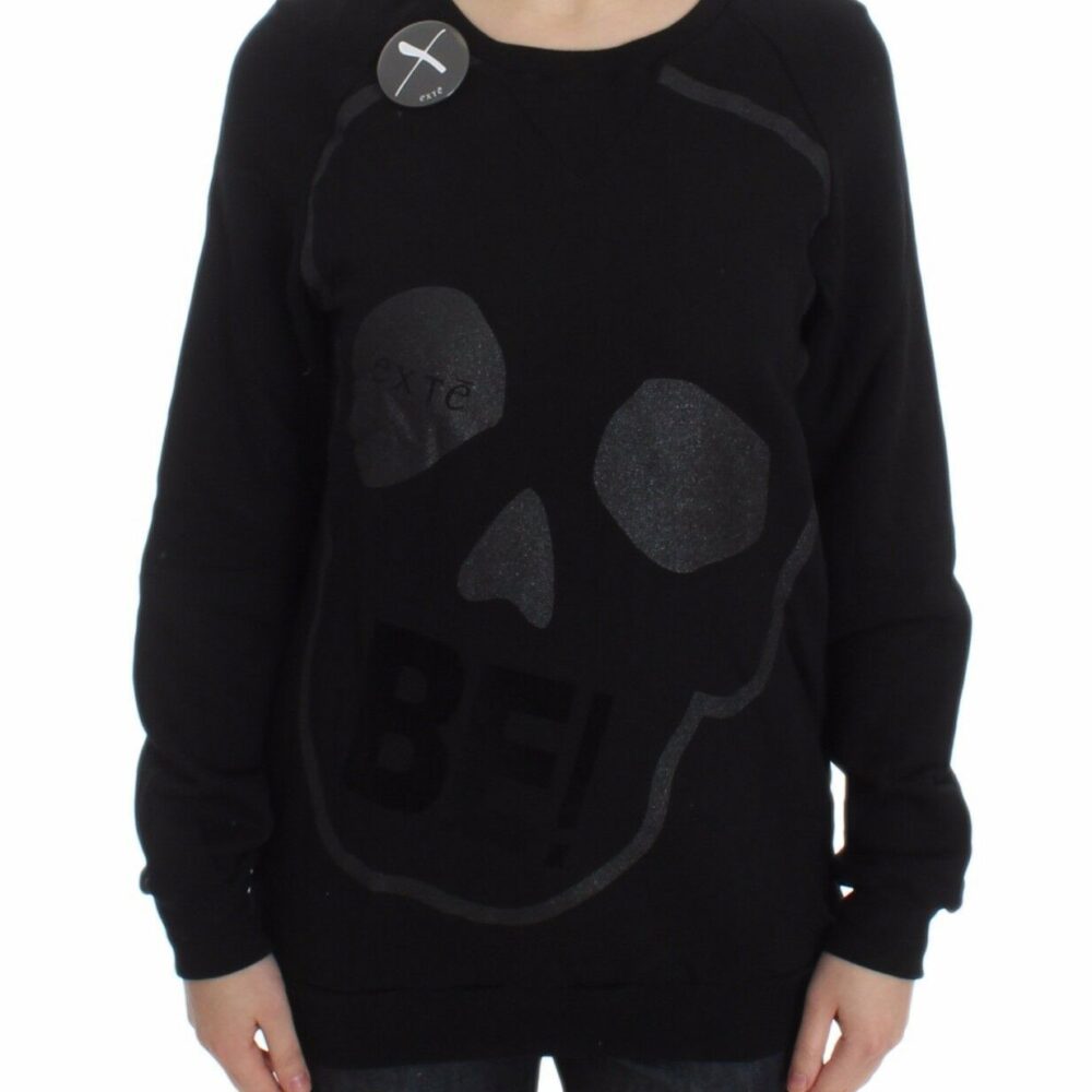 Black Cotton Motive Print Crewneck Pullover Sweater