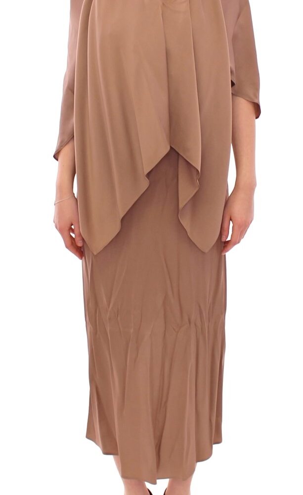 Brown Draped Silk Sheath Shift Coctail Dress