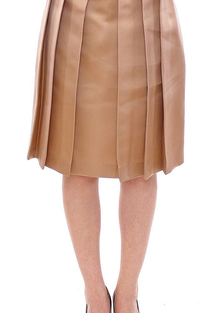 Brown Silk Solid Mini Pleated Skirt