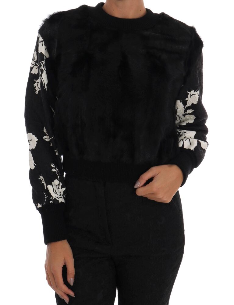 Black Fur Floral Brocade Zipper Sweater