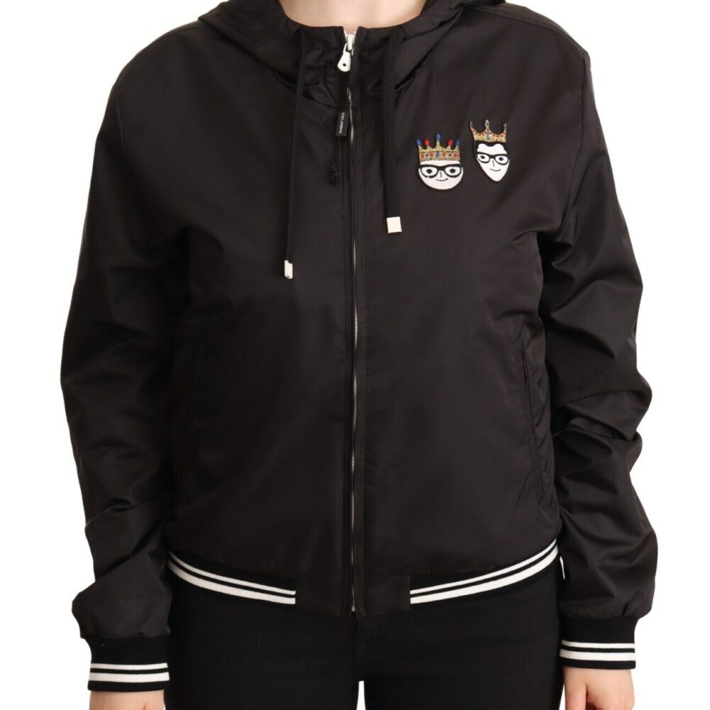 Black Polyester Hooded Bomber Full Zip Jacket