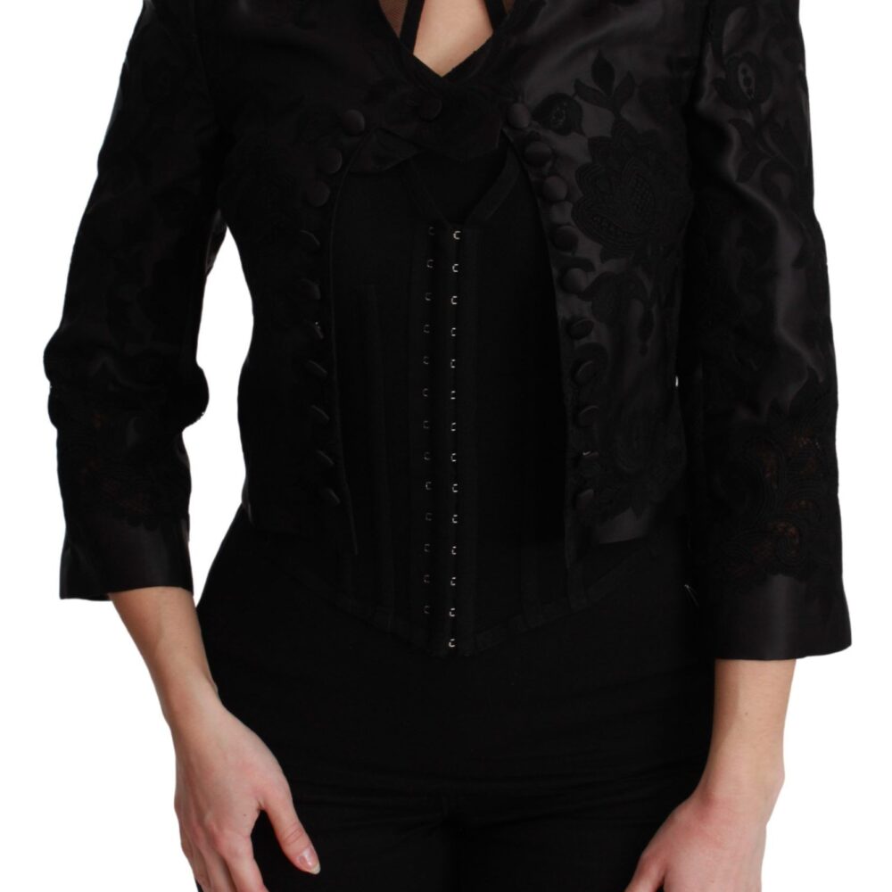 Black Floral Jacquard Blazer Silk Jacket