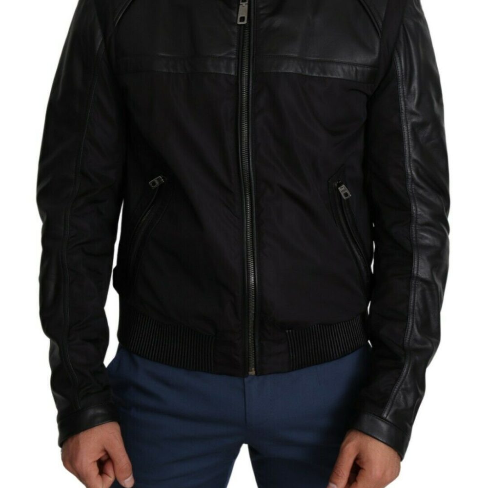 Black Nylon Full Zip Men Bomber Coat Jacket