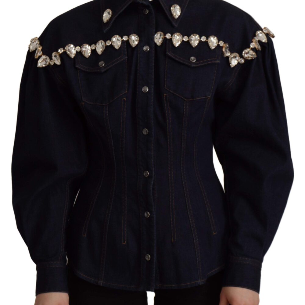 Blue Denim Crystal Embellish Cotton Jacket