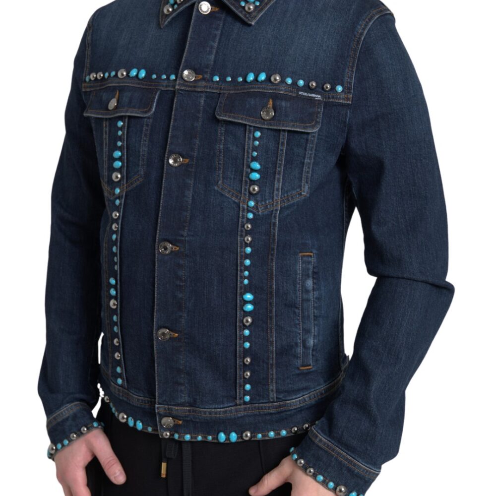 Blue Denim Turquoise Stones Studded Jacket