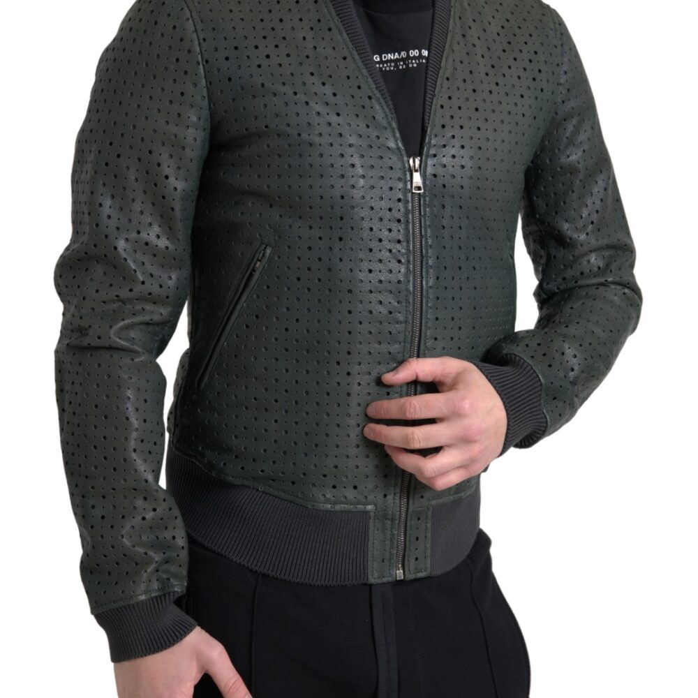 Green Perforated Leather Bomber Jacket