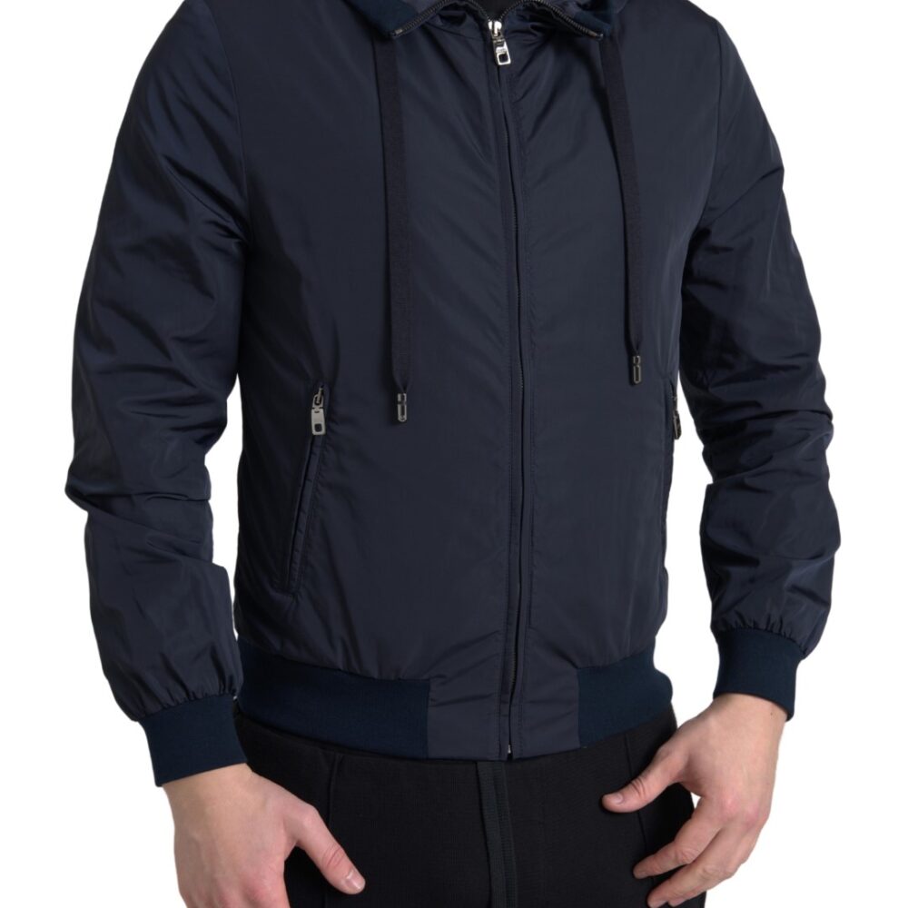 Blue Hooded Logo Polyester Full Zip Sweater