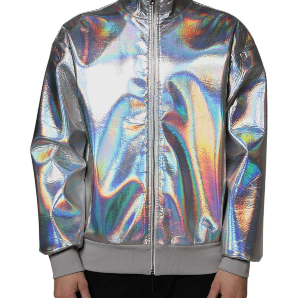 Silver Iridescent Full Zip Men Bomber Jacket
