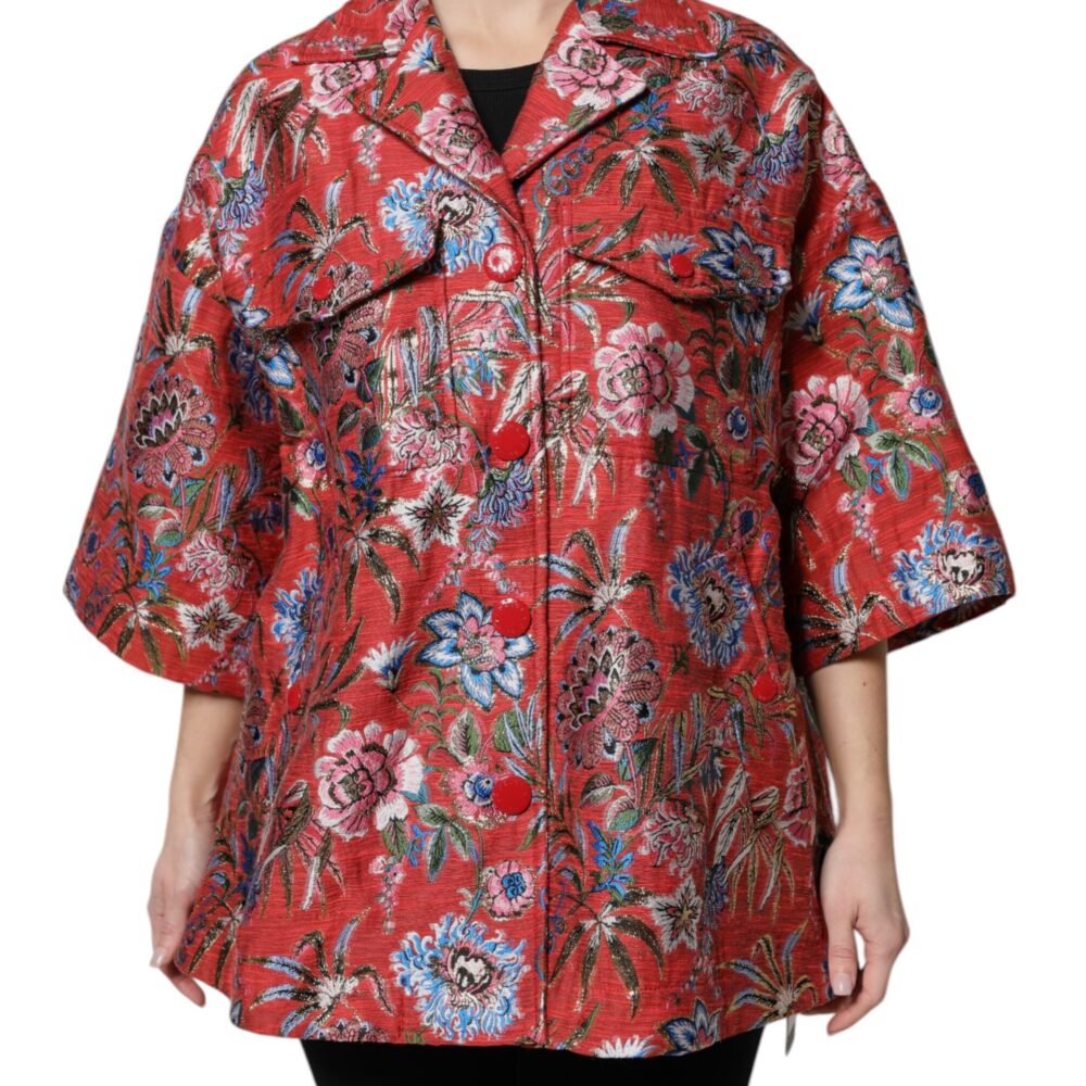 Red Floral Jacquard Button Down Coat Jacket