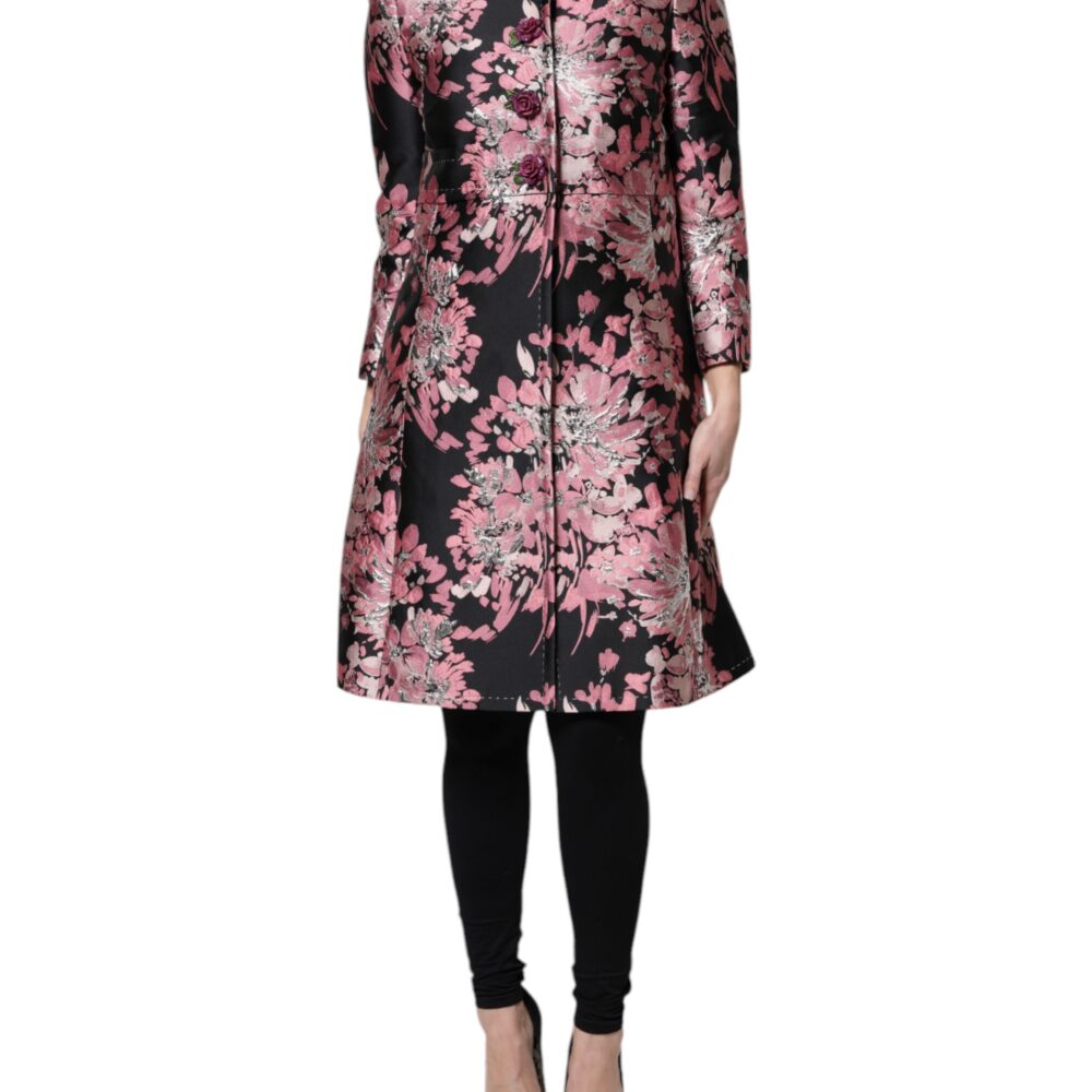 Pink Black Floral Brocade Trenchcoat Jacket