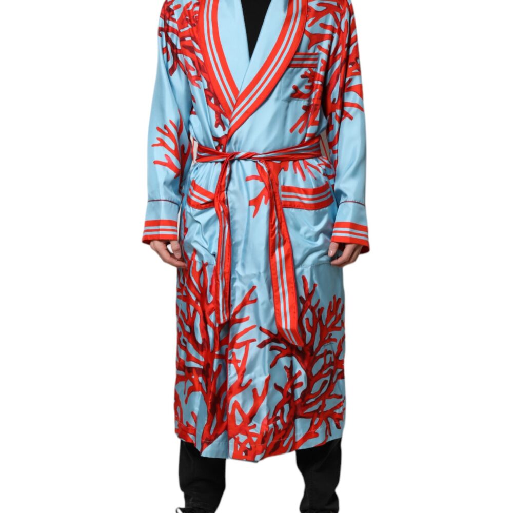 Blue Red Coral Print Wrap Robe Coat Jacket