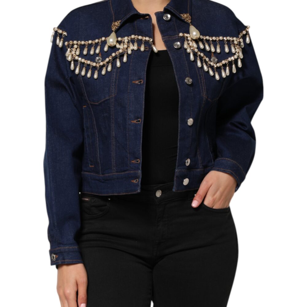 Blue Cotton Denim Crystal Embellished Jacket
